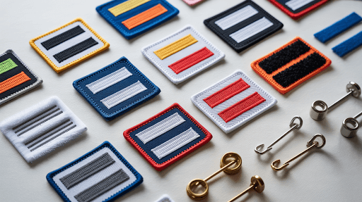 Various custom patch backing types arranged neatly.