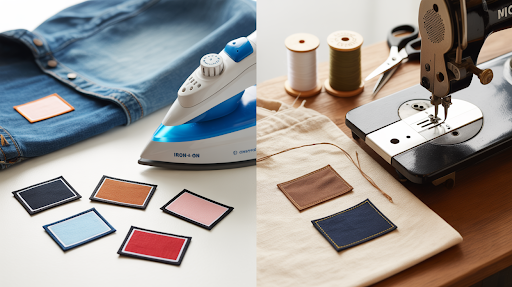 A visual with iron-on and sew-on patches side-by-side