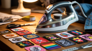 Colorful iron-on patches next to a modern steam iron