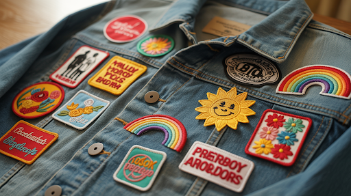 Custom iron-on patches applied on denim jackets