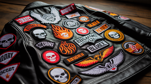 A collection of custom motorcycle and biker patches on a black leather jacket