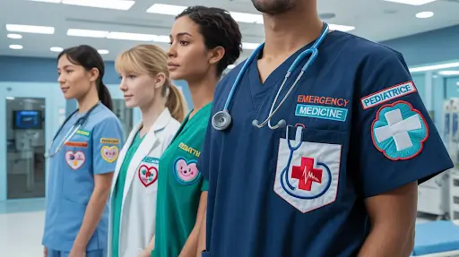 Health and medical staff having multiple custom patches on their clothes