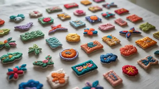 Multiple mini patches of different objects placed on a white surface.