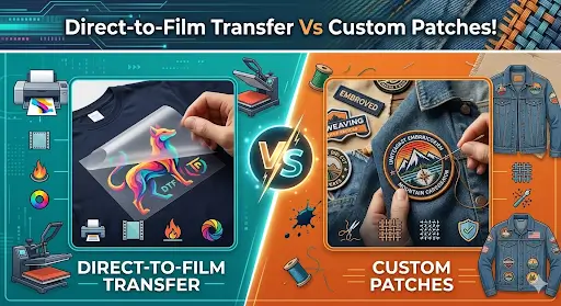 A split comparison visual of DTF transfer and custom patches