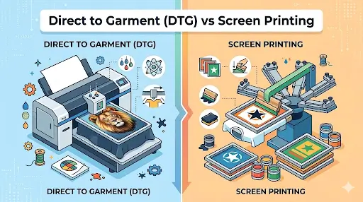 An infographic showing DTG and screen printing techniques