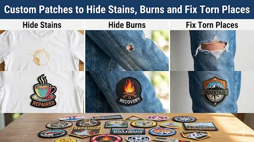 Visual showing how custom patches are used to hide stains, burns and fix torn places.