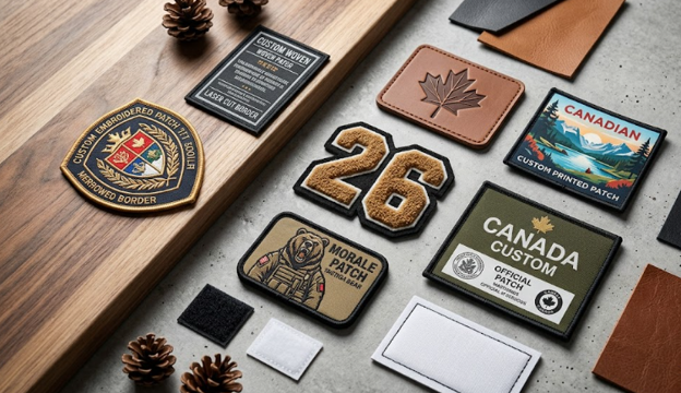 Different types of custom patches laid out on a flat surface.