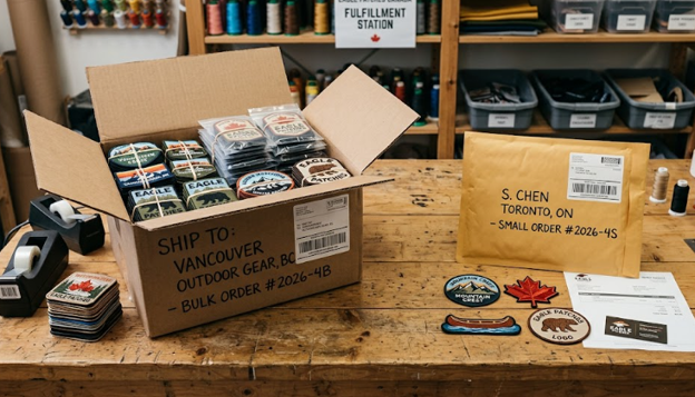 Two custom patch orders (a bulk quantity and a small order) on a wooden table ready to dispatch.