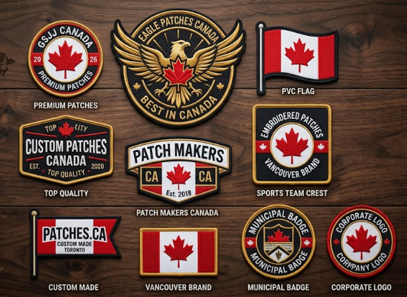 Multiple style Canadian patches placed on a wooden surface.