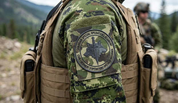 A detailed close-up of a Canadian Special Operations Regiment (CSOR) patch on a CADPAT uniform.