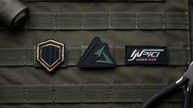 Displaying different types of Velcro patches on a backpack.