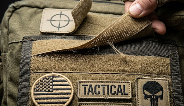 Hook and loop patches attached to a bag.