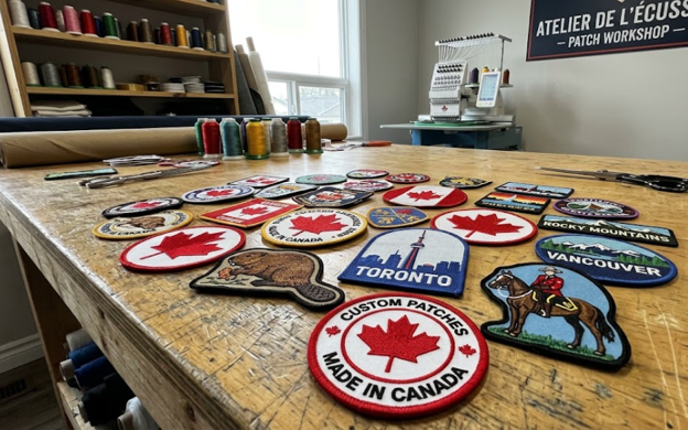 Custom patches Canada laid out on the manufacturer's table.