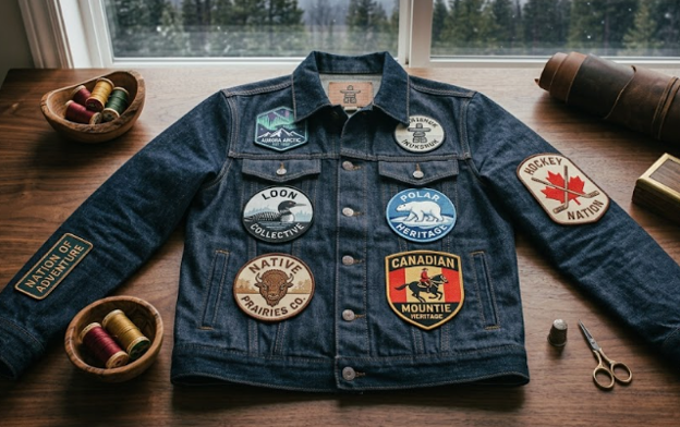 Custom embroidered patches on a denim jacket laid out on a wooden table.