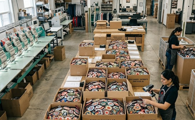 Bulk quantity Canadian custom patches in a manufacturing facility.