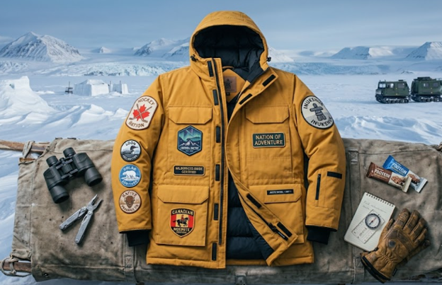 A flat-lay photograph of a mustard-yellow arctic expedition parka with embroidered patches laid out on a canvas bag on a sled in a vast glacial landscape.