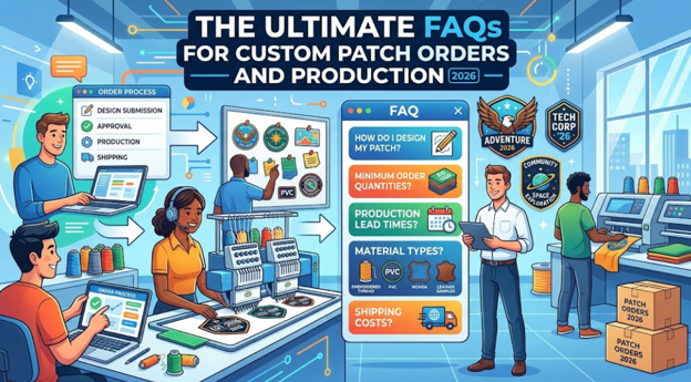 An infographic detailing a custom patch production facility and listing key FAQs regarding design, quantities, materials, and shipping.