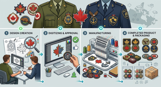 graphical representation of the full procedure of how custom military patches are made.