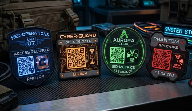 Four futuristic high-tech, glow-in-the-dark security custom patches with QR codes and RFID. 