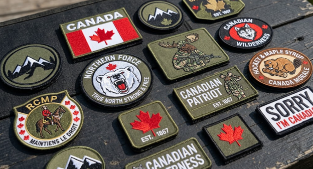 Custom morale patches laid out on a wooden table.