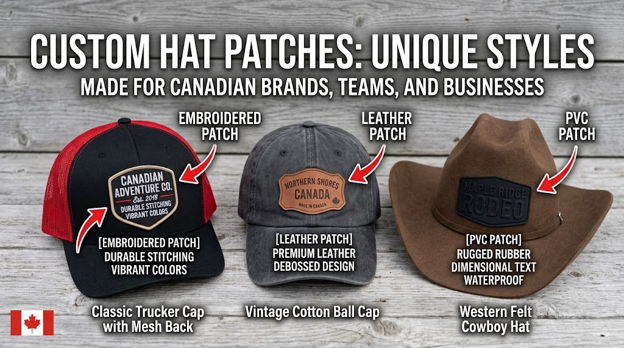 Displaying three custom hat styles on a wood background: a trucker cap with an embroidered patch, a ball cap with a leather patch, and a cowboy hat with a PVC patch.