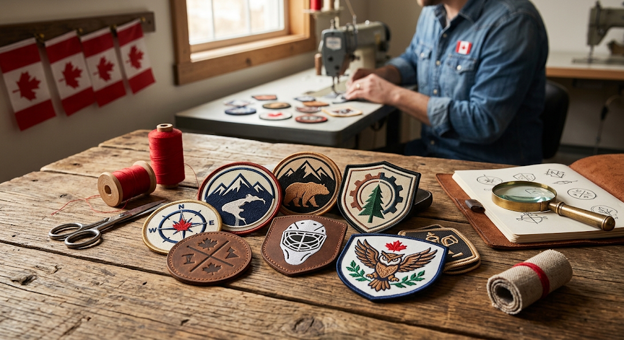 custom logo patches placed on a wooden surface.