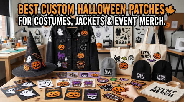 Halloween patches attached to jackets, costumes, and merch pictured in a patch-making facility.